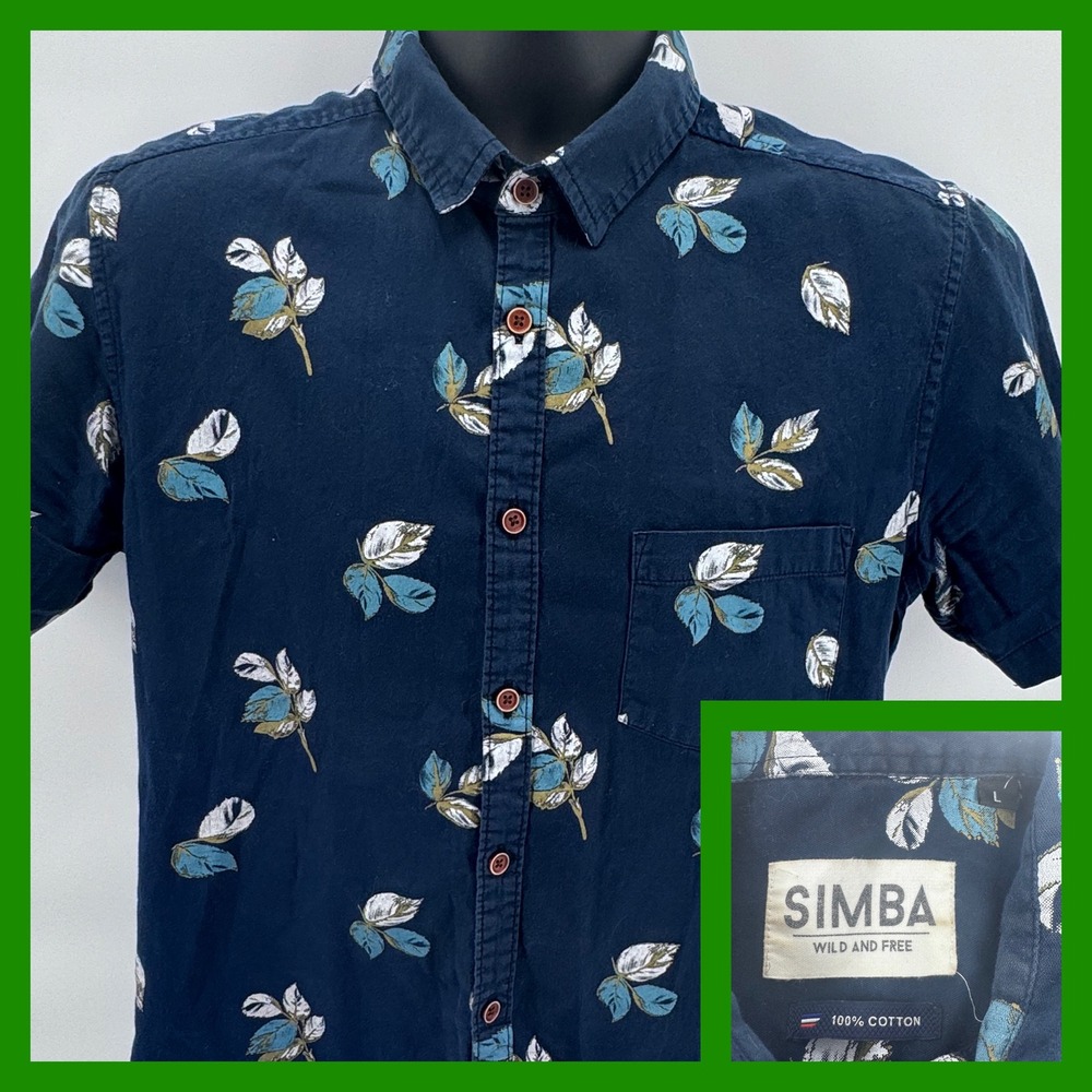 SIMBA Wild and Free Men's Navy Leaf Print Short Sleeve Button Up Shirt Size L‎